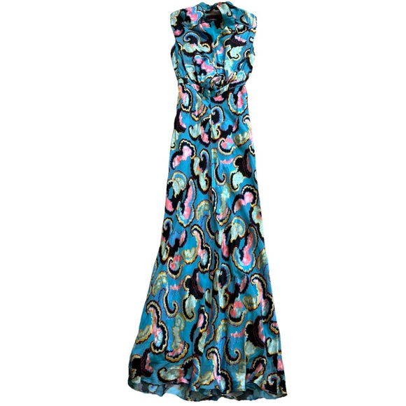 SALONI Vibrant Blue and Pink Abstract Print High Neck Maxi Dress Size 4 Couture - Picture 2 of 7